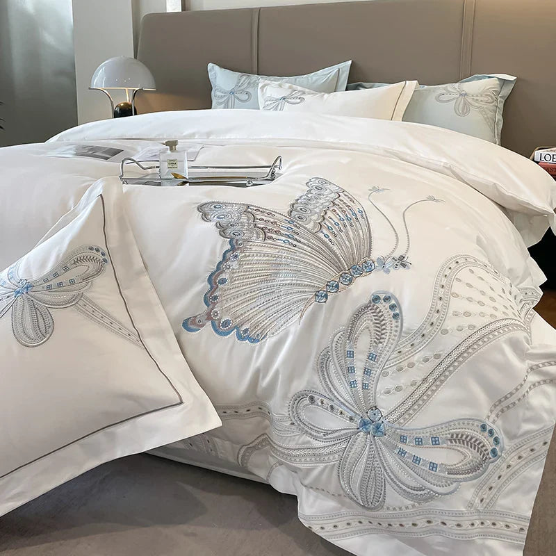 Afralia™ Luxury Butterfly Embroidery Wedding Bedding Set with 100% Egyptian Cotton Quality