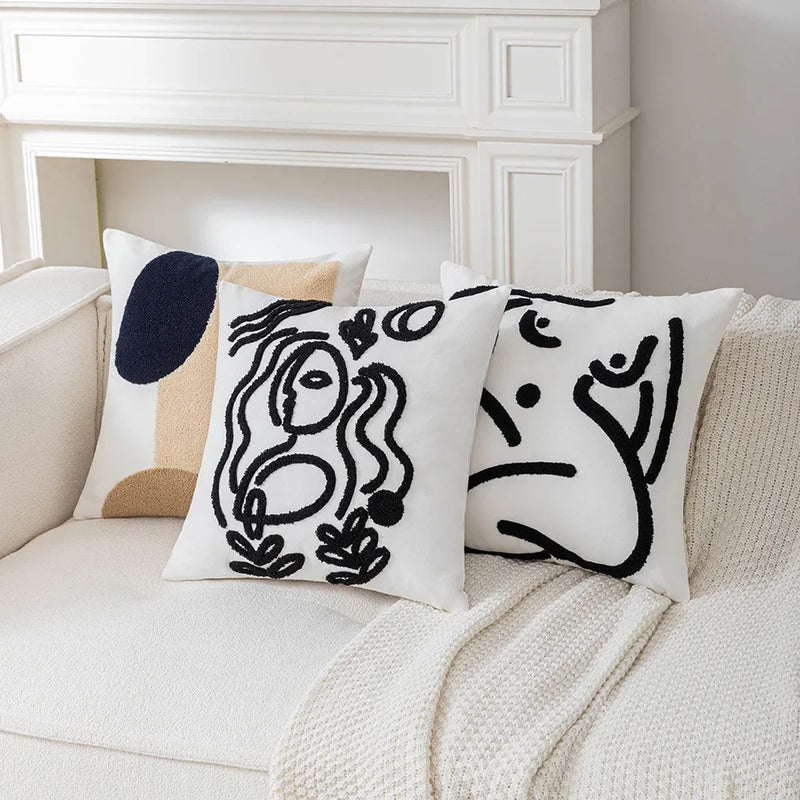 Afralia™ Abstract Art Line Cushion Cover Plush Embroidered Pillowcase