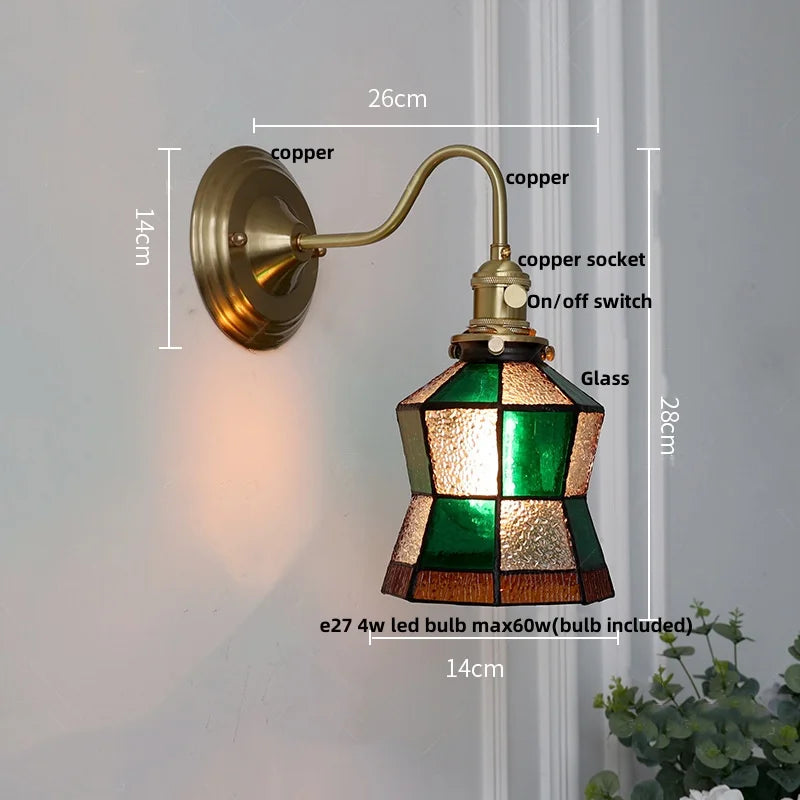 Afralia™ Vintage Green Glass LED Wall Sconce with Copper Knob Switch
