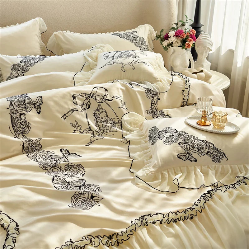Afralia™ Vintage Rose Butterfly Lace Ruffles Princess Bedding Set: 100S Egyptian Cotton