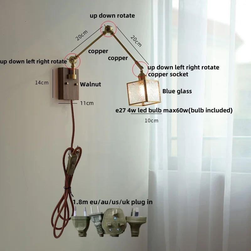 Afralia™ Ash Wood LED Swing Arm Wall Light with Pull Chain Switch & Blue Glass