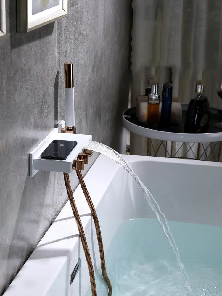 Afralia™ Wall-Mounted White Rose Gold Bathtub Faucet Set with Waterfall Shower