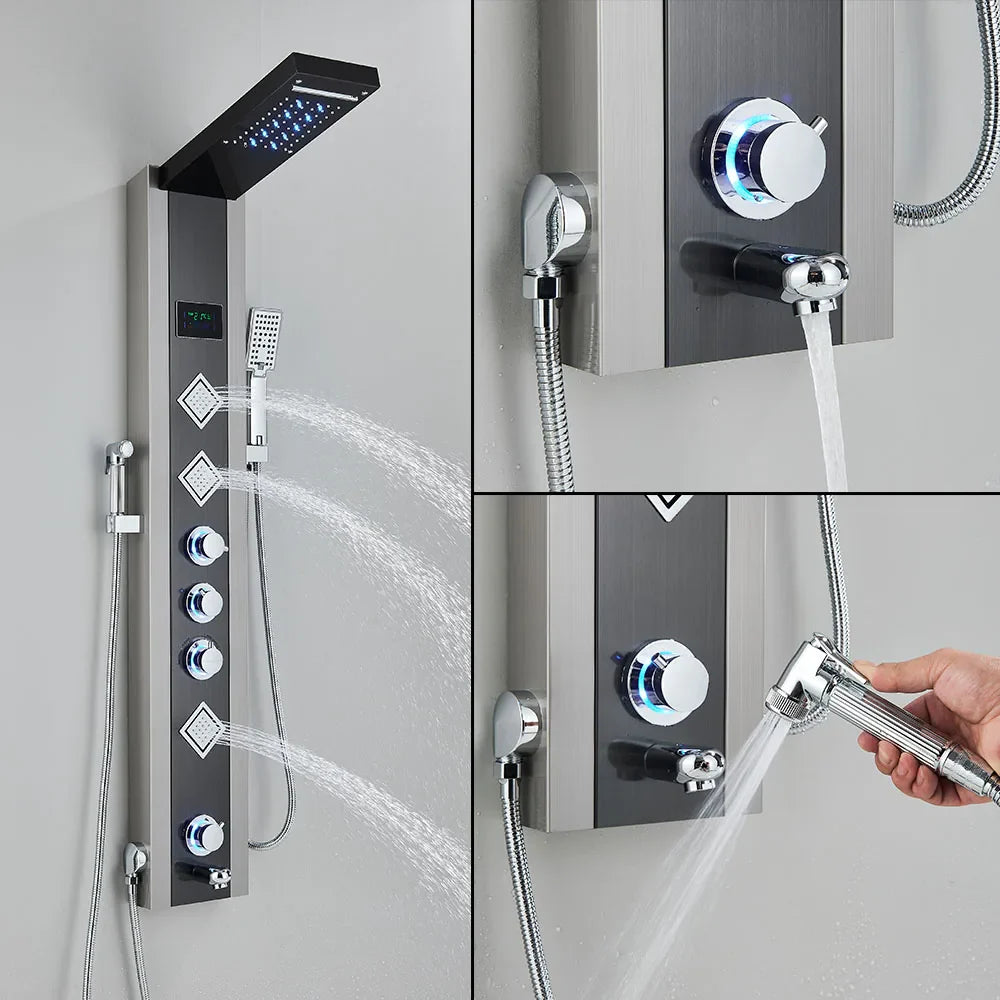 Afralia™ Modern Black LED Shower Panel 5-Function Wall Mount Hot Cold Bathroom Faucet
