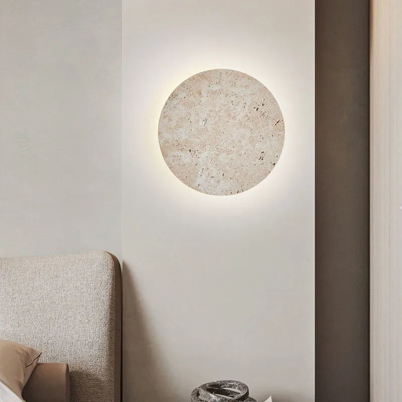 Afralia™ Natural Beige Stone Wall Lamp minimalist flush mount circle LED light Bedroom Wall Light