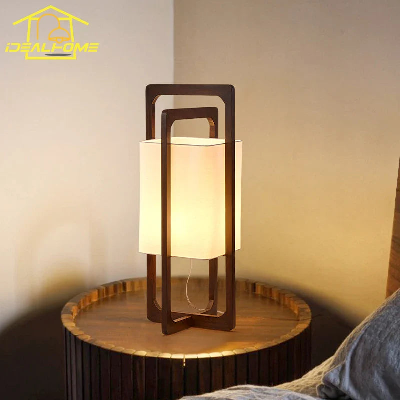Afralia™ Zen Walnut Wood Table Lamp LED E27 Fabric Lampshade for Bedroom Living Room