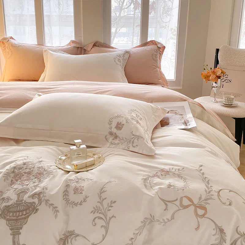 Afralia™ European Palace Style Flowers Embroidery Cotton Luxury Bedding Set with Duvet Cover, Sheets, Pillowcase