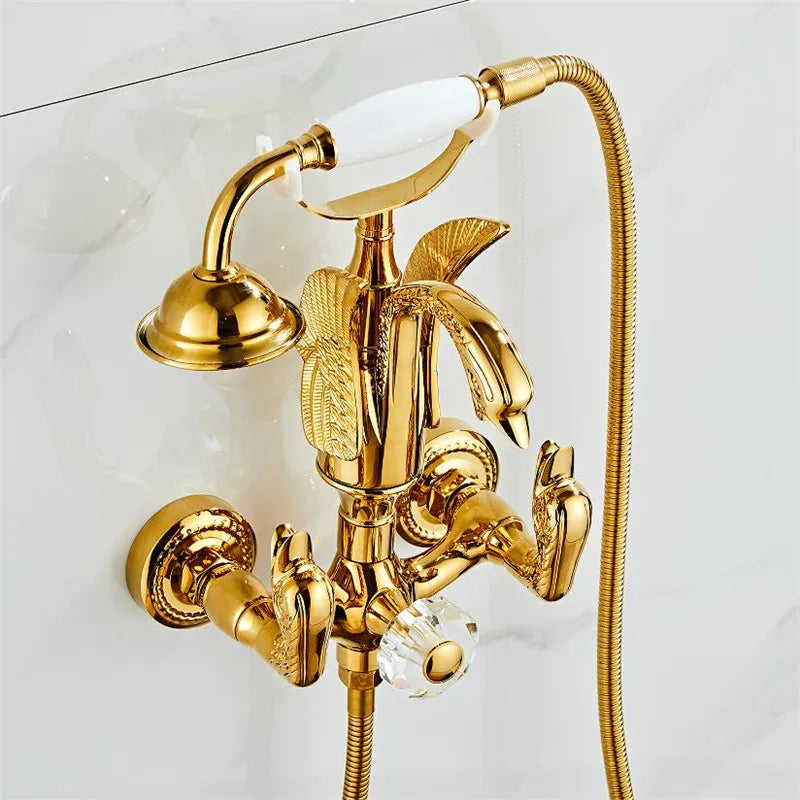 Afralia™ Gold Swan Bathtub & Shower Faucet Set - Wall Mounted Bathroom Mixer Tap