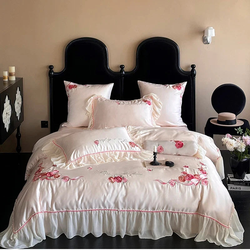 Afralia™ Floral Lace Princess Wedding Bedding Set with Lyocell Cotton Duvet Cover & Ruffles
