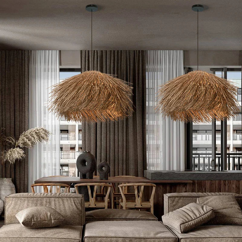 Afralia™ Wabi Sabi Hand Woven Rattan LED Pendant Lights for Home Decor and Dining Room