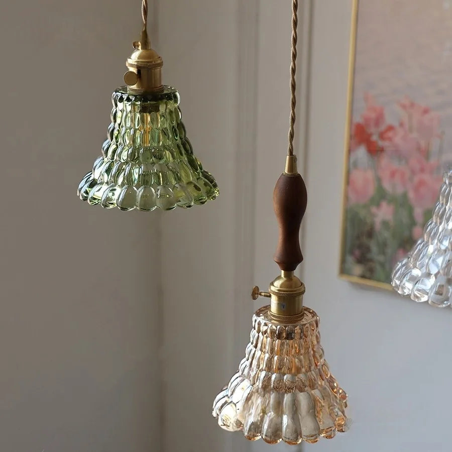 Afralia™ Flower Glass LED Pendant Lamp Walnut Wood Knob Switch Copper Socket