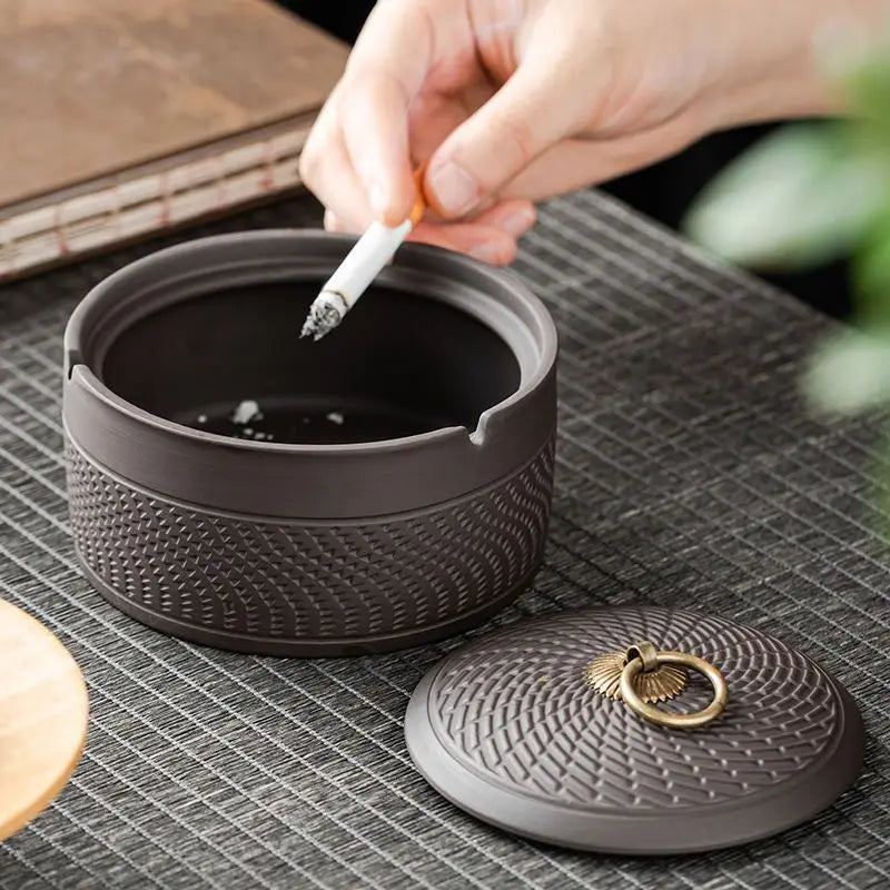 Afralia™ Retro Ceramic Ashtray with Cover - Blessing Character Decor, Portable Home Gift.