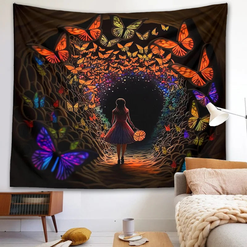 Afralia™ Psychedelic Girl Tapestry Wall Hanging Butterfly Cave Boho Colorful Decor