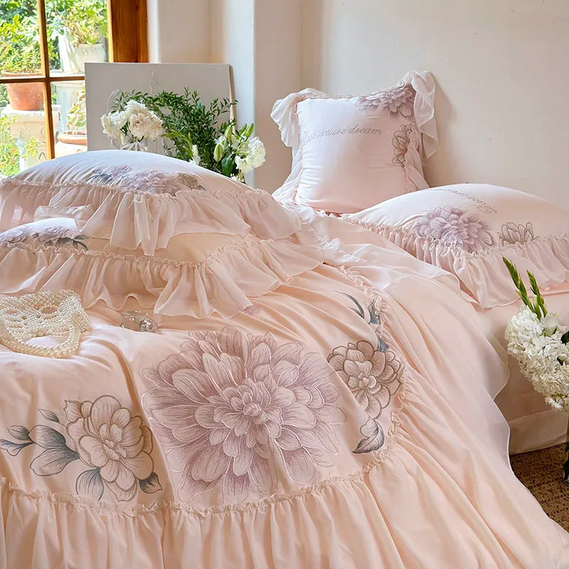 Afralia™ Pink Flowers Lace Ruffles Princess Bedding Set, 1200TC Egyptian Cotton Duvet Cover