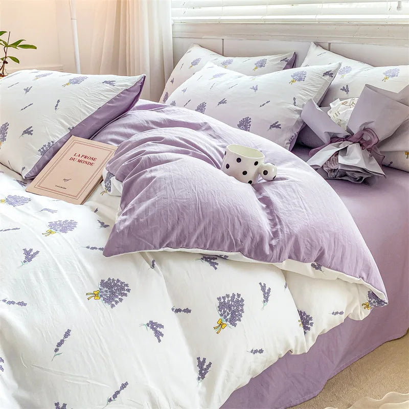 Afralia™ Cartoon Heart Floral Print Duvet Set with Bed Sheet & Pillowcases