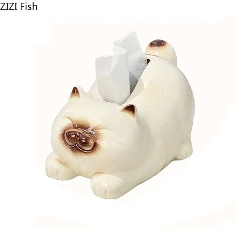 Afralia™ Cartoon Siamese Kitten Ceramic Tissue Box for Coffee Table and Desk