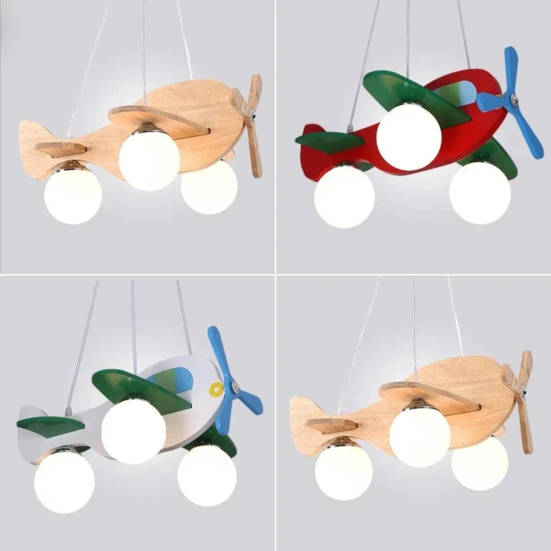Afralia™ Kids Wood Airplane Chandelier LED Nursery Aircraft Suspension Lights