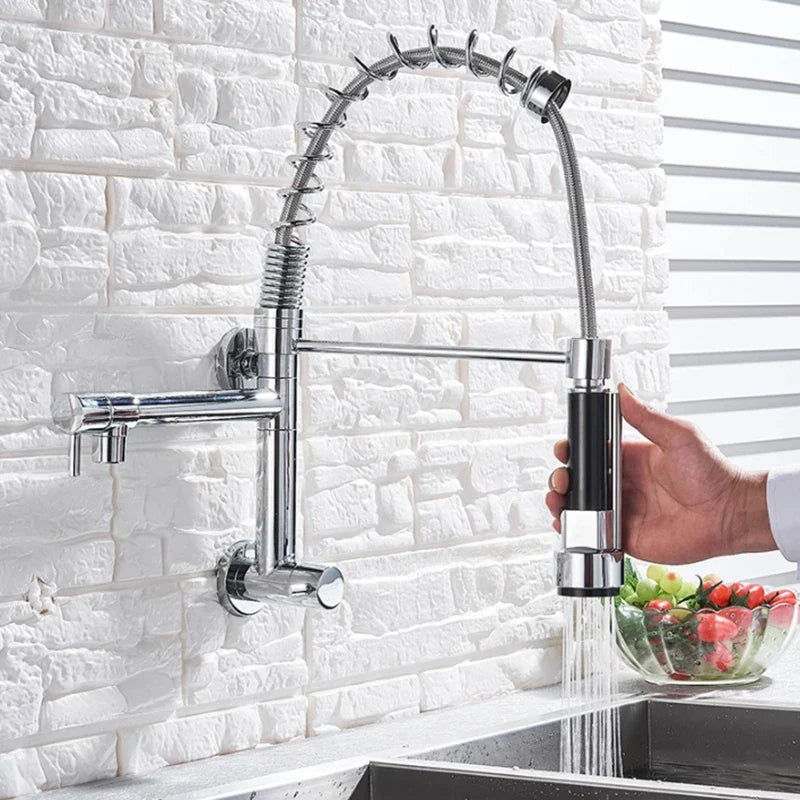 Afralia™ Spring Kitchen Faucet Chrome Black Dual Spouts Mixer 360 Rotation