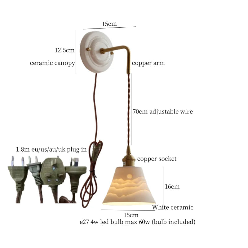 Afralia™ Small Pleats Ceramic LED Wall Light for Bedroom Stair Bathroom with Copper Arm