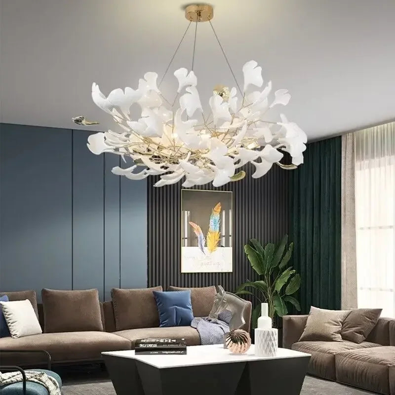 Afralia™ Leaf Branch Ceramic Chandelier | Modern Golden Lighting Fixture for Living Room