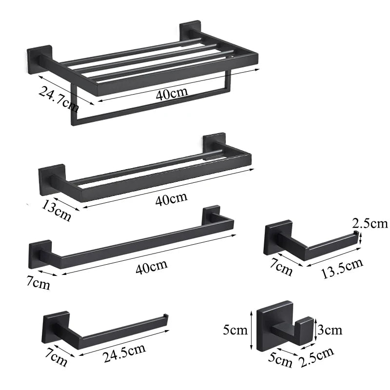 Afralia™ Black Bathroom Set: Towel Holder, Paper Holder, Gold Rod, Robe Hook - Stainless Steel Accessories