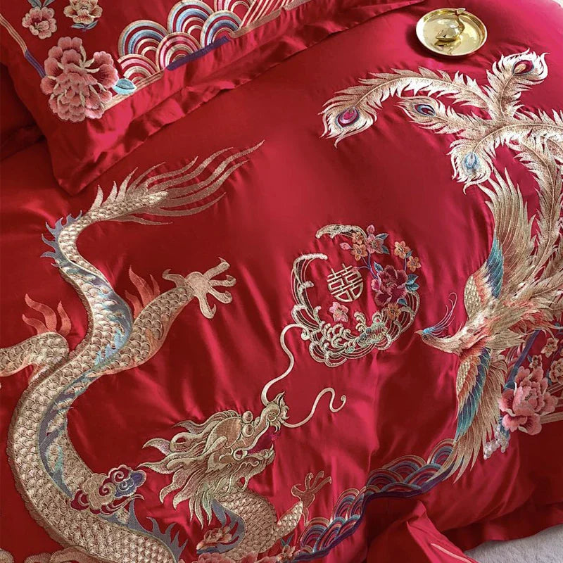 Afralia™ Gold Loong Phoenix Embroidery Queen Bedding Set, Luxurious Brushed 4Pcs Set