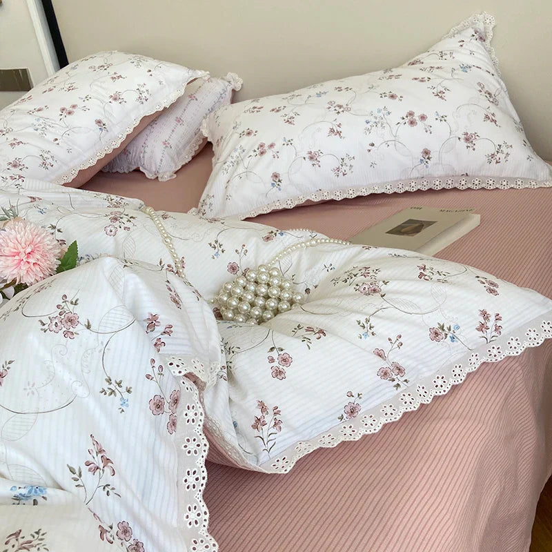 Afralia™ Vintage Lace Ruffles Duvet Set with Bed Sheet and Pillowcases