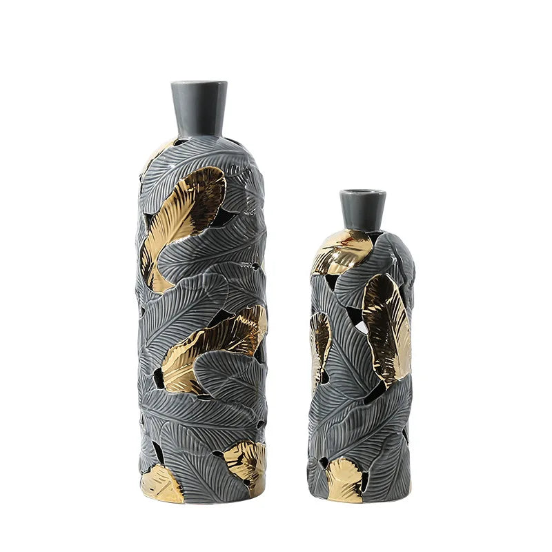 Afralia™ Feather Pattern Ceramic Vase in Gray and Gold - Home Decor Accent