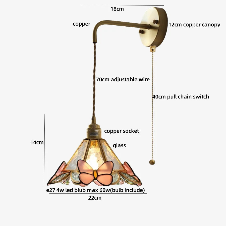 Afralia™ LED Butterfly Glass Wall Lamp Sconce with Pull Chain Switch