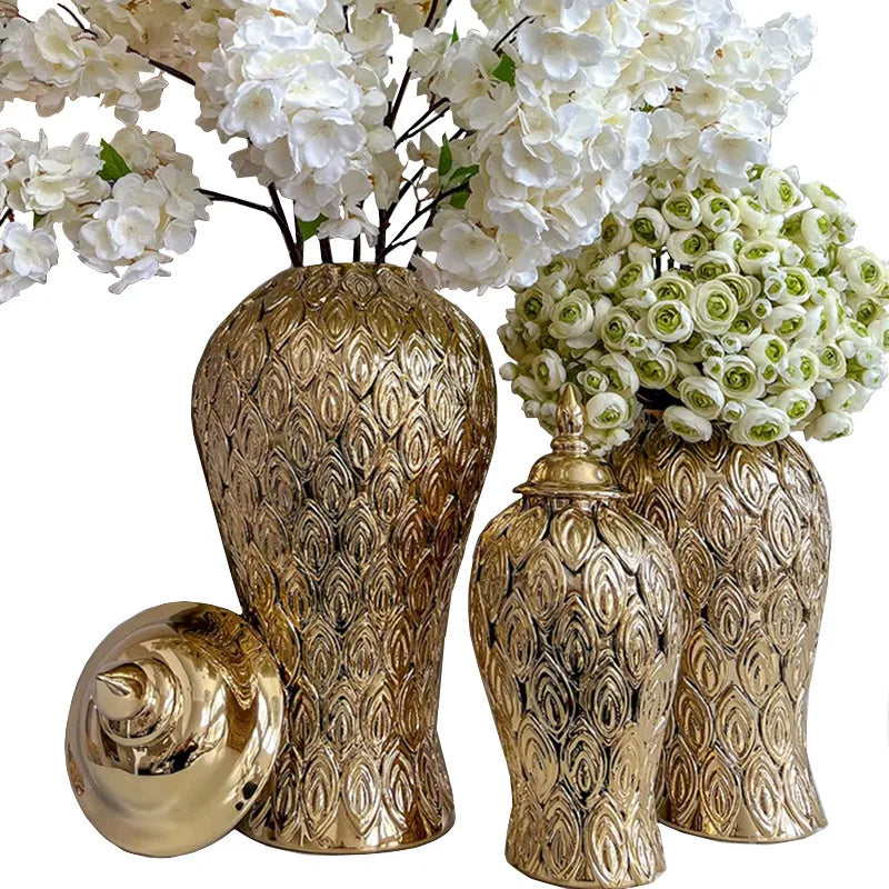 Afralia™ Gold Ceramic Vintage Bottle Ginger Pot Flower Vase Decor Ornament