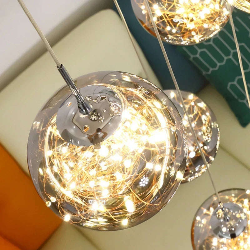 Afralia™ Luminous Glass Ball Pendant Chandeliers for Living Dining Room Decor LED Lighting