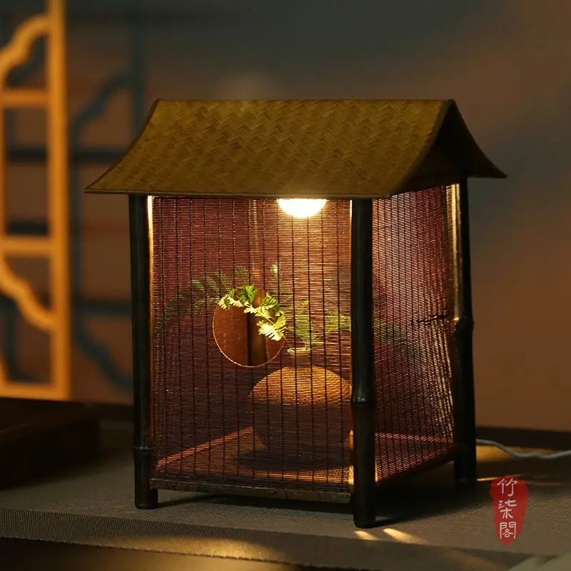Afralia™ Purple Bamboo Weave Table Lamp Zen Style Handicraft