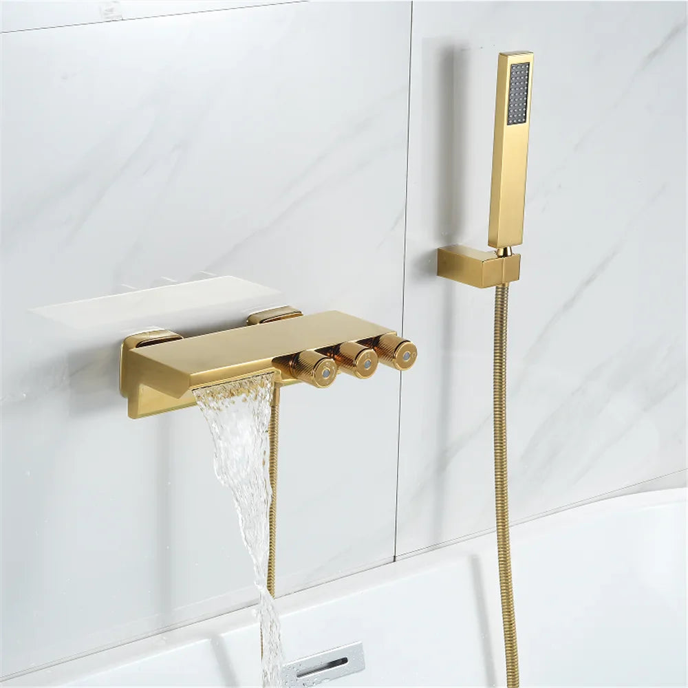 Afralia™ Gold/Black Tub Shower Set Wall Mount Waterfall Mixer Tap Brass Rotatable