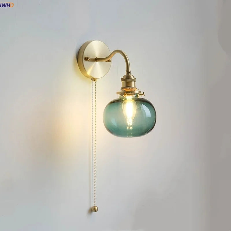 Afralia™ Green Class Ball LED Wall Light Fixture, Copper Socket, Pull Chain Switch