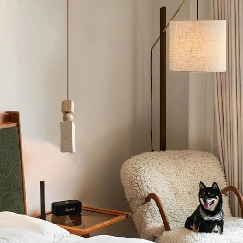 Afralia™ LED Pendant Lamp Mid Century Modern Decor Yellow Travertine Wood Hanglamp