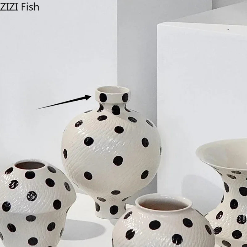 Afralia™ Black Polka Dot Ceramic Vase for Table Flower Arrangement and Room Decor