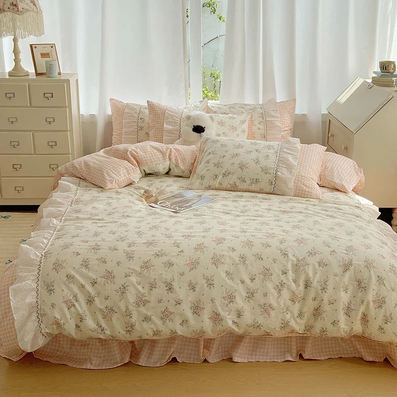 Afralia™ Cotton Small Florals Princess Bedding Set - Queen Size - Duver Cover Bed Sheet Bed Skirt Pillowcases