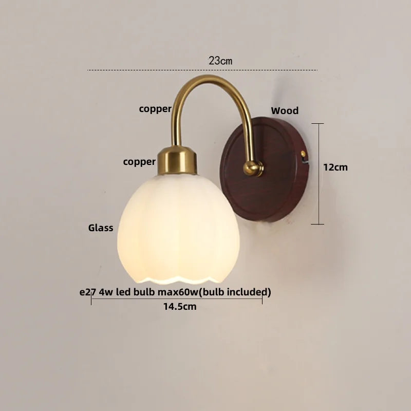 Afralia™ LED Wall Light Glass Fixture Pull Chain Switch Wood Bedside Sconce