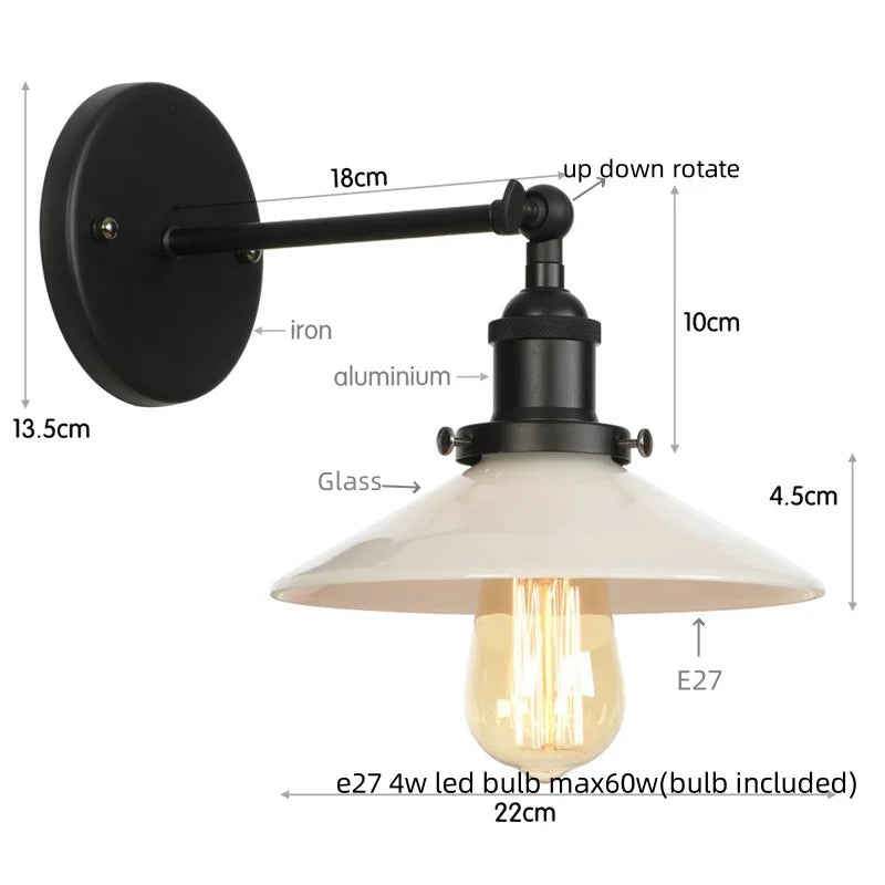 Afralia™ White Glass LED Wall Light Sconce Vintage Bedroom Lamp Industrial Wall Lights