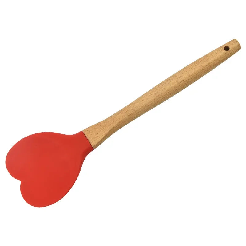 Silicone Heart Spatula with Wooden Handle by Afralia™: Baking & Cooking Utensil