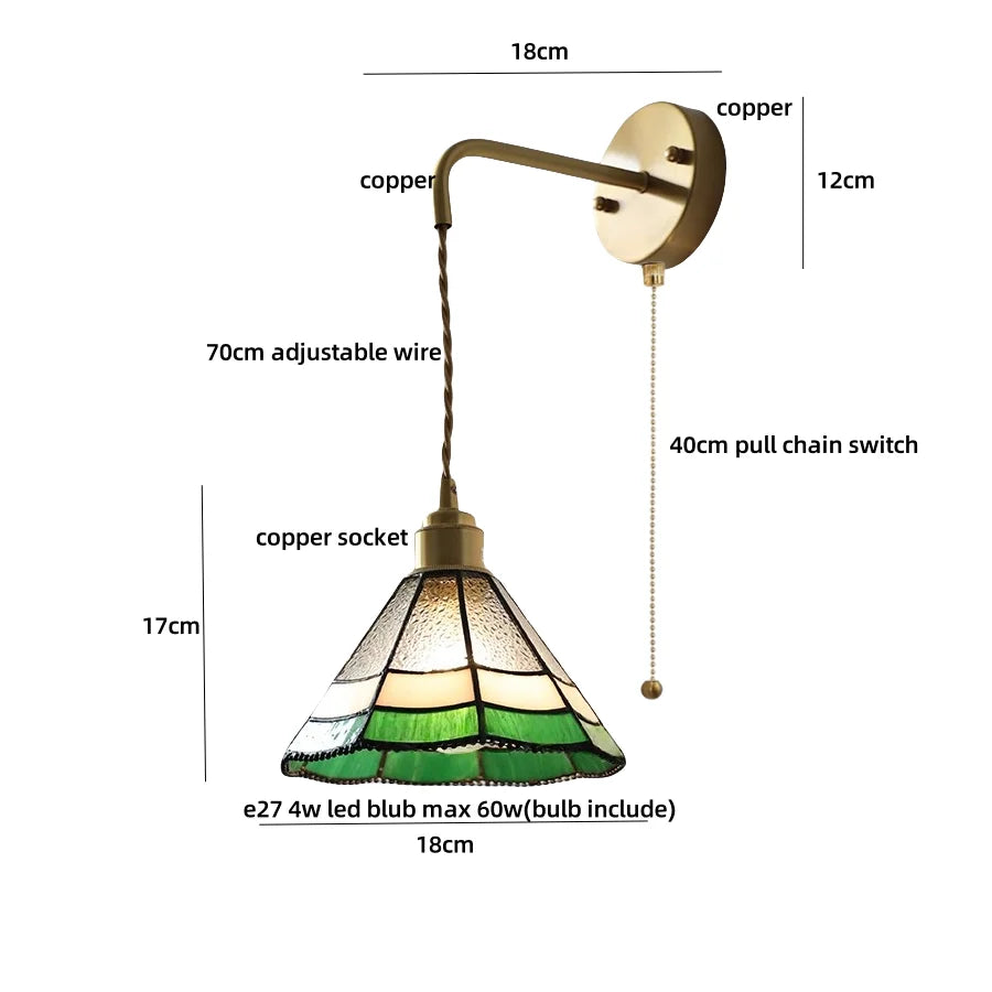Afralia™ Tiffany Glass LED Wall Sconce | Adjustable Wire Fixture | Modern Pull Chain Switch