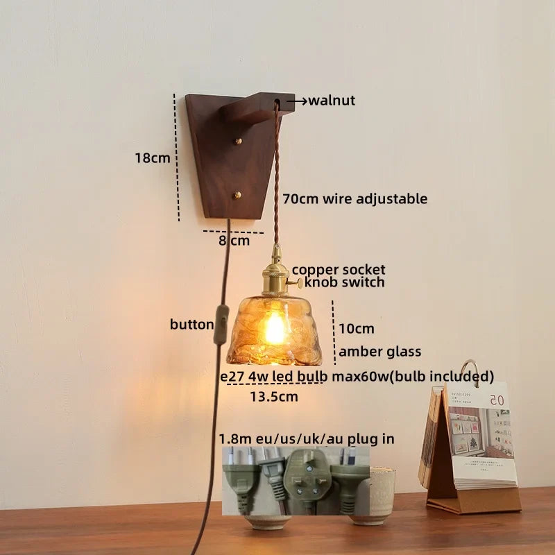 Afralia™ Walnut Glass LED Wall Light Fixture | Modern Bedroom Bathroom Living Room Lamp