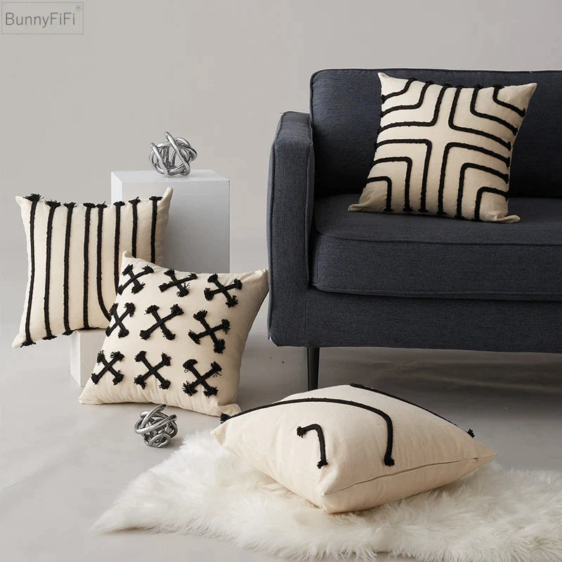 Afralia™ Rainbow Black Stripe Pillow Cover 45x45cm Embroidery Pink Living Room Bed