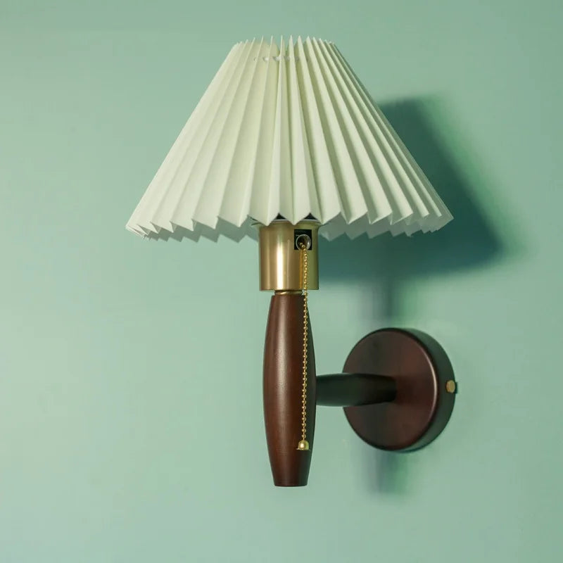 Afralia™ Pleated Fabric LED Wall Sconce Lamp Walnut Wood Light