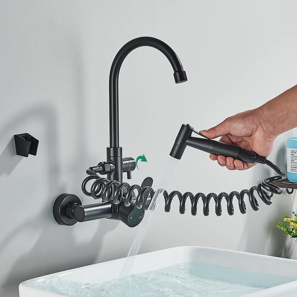 Afralia™ Black SUS 304 Wall Mounted Gourmet Kitchen Faucet with Extendable Bidet