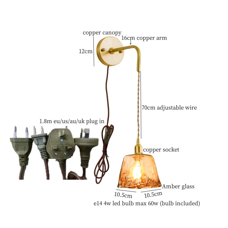 Afralia™ Amber Glass LED Wall Lamp for Bedroom Minimalistic Copper Lighting