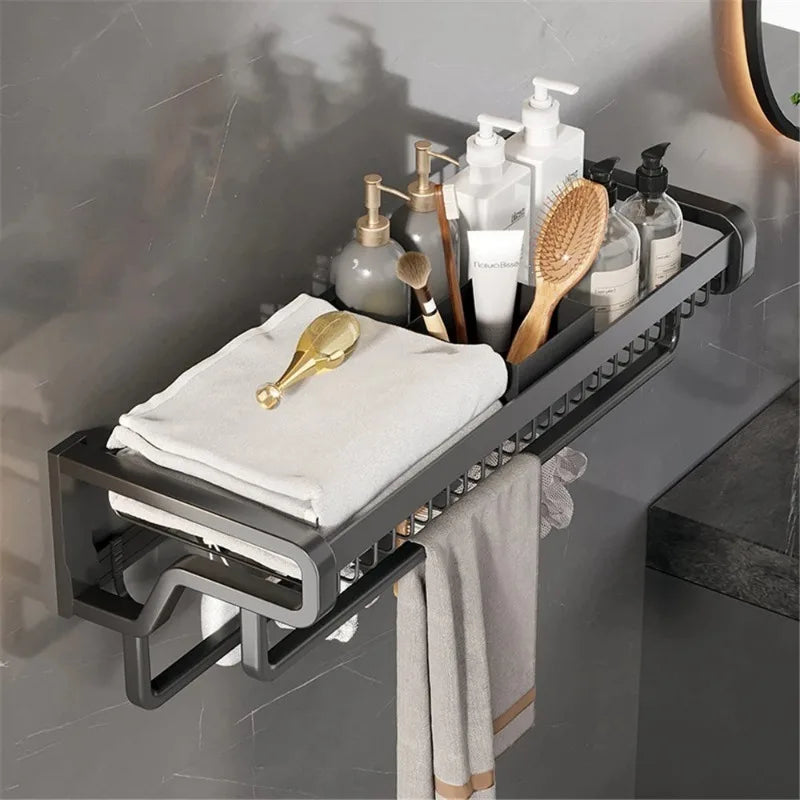 Afralia™ Aluminum Bathroom Towel Holder with Hook and Storage Basket