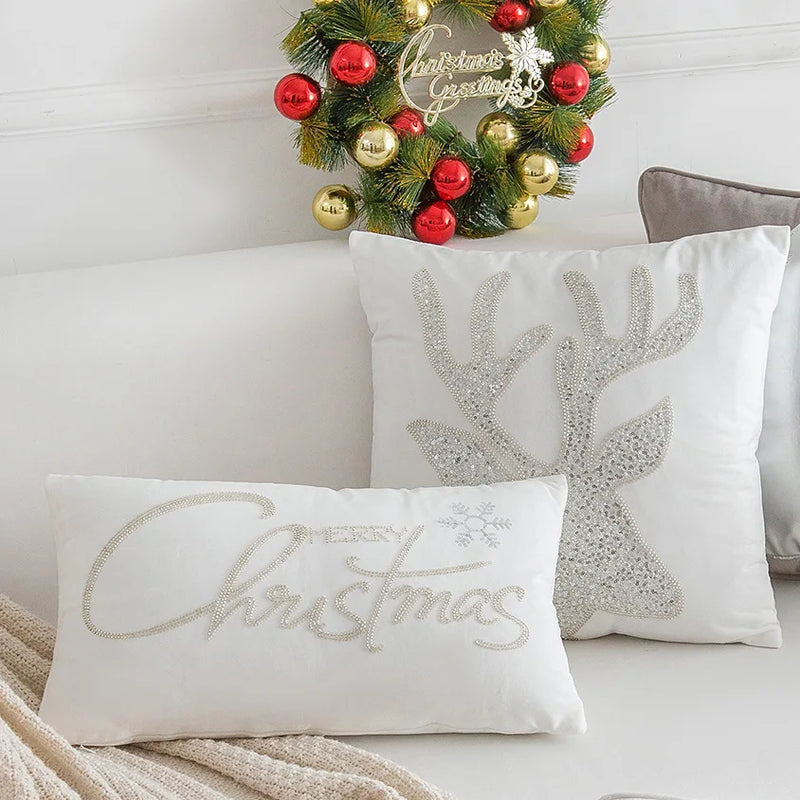 Afralia™ Silver Grey Deer Embroidered Cushion Cover: Stylish Christmas Tree Letter Pillow Case