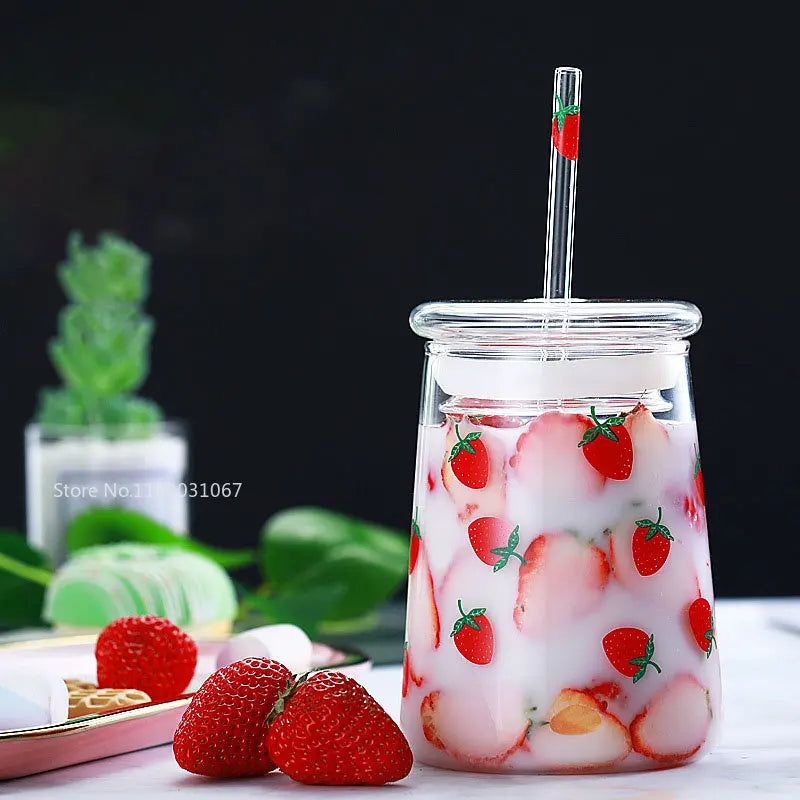 Afralia™ Glass Cup Set with Lip Straws for Cold Drinks, Handmade, 600ml Strawberry Flavor