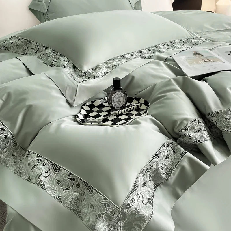 Afralia™ Lace Embroidery 1200TC Egyptian Cotton 4Pcs Bedding Set with Wide Hollow Design