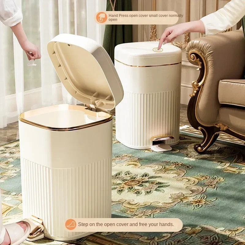 pedal trash bin Afralia™ Light Luxury Pedal Trash Can with Lid for Kitchen Bathroom La
